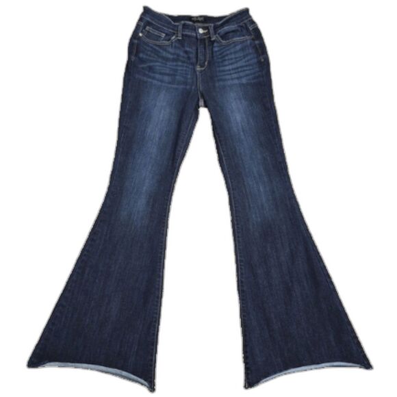 Judy Blue Jeans 29 High Rise Flare Dark Wash Fray Hem Boho - Picture 1 of 9